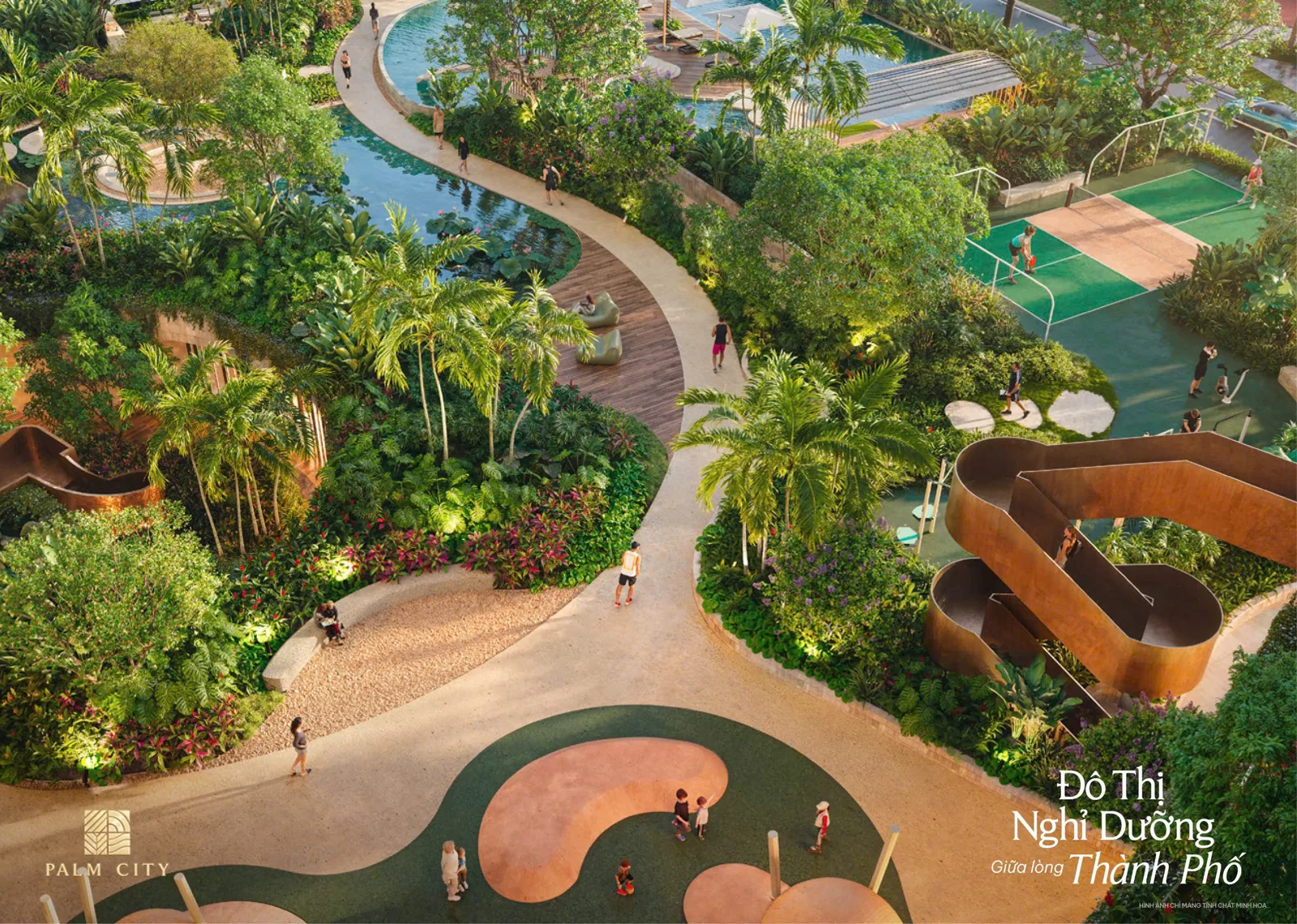 Phối cảnh đường dạo, vườn cảnh quan và sân thể thao Palm River