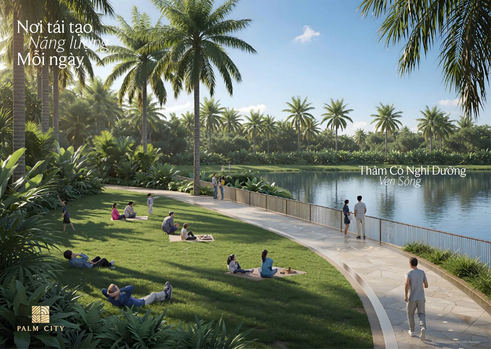 Phối cảnh thảm cỏ và hàng cọ ven sông Palm River