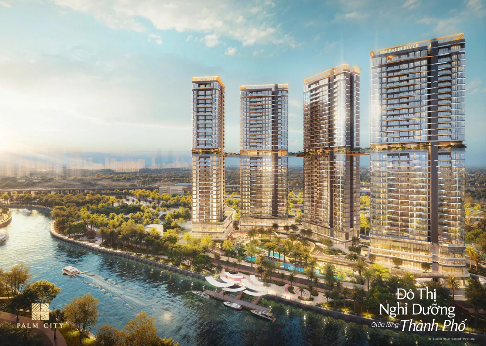 Phối cảnh bốn tòa Palm River bên cảnh quan mặt nước