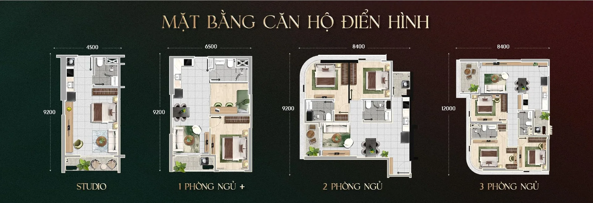 Bốn mặt bằng căn hộ điển hình studio, một phòng ngủ cộng, hai và ba phòng ngủ
