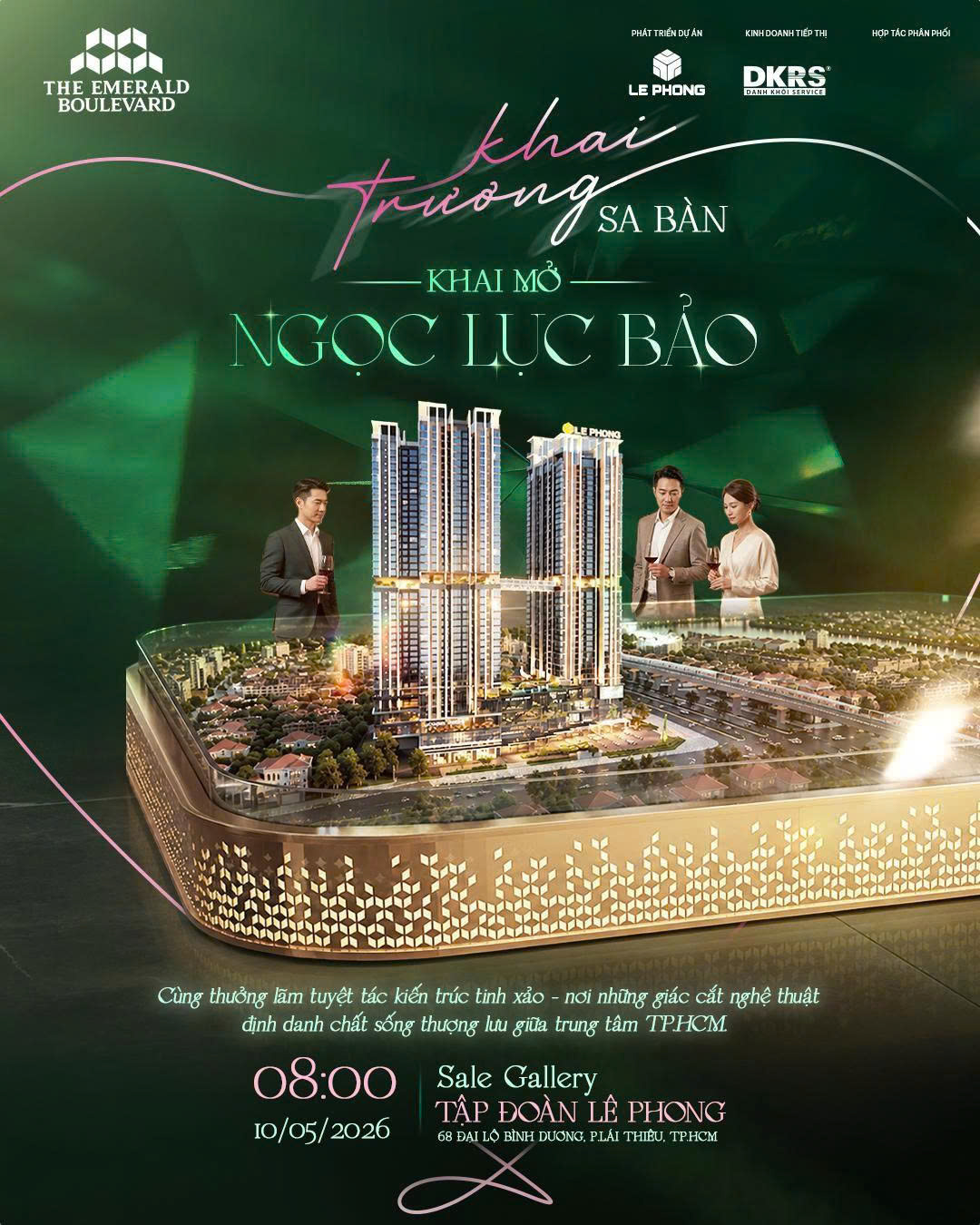 Thư mời lễ khai trương sa bàn dự án căn hộ The Emerald Boulevard ngày 10/05/2026 tại Sale Gallery tập đoàn Lê Phong